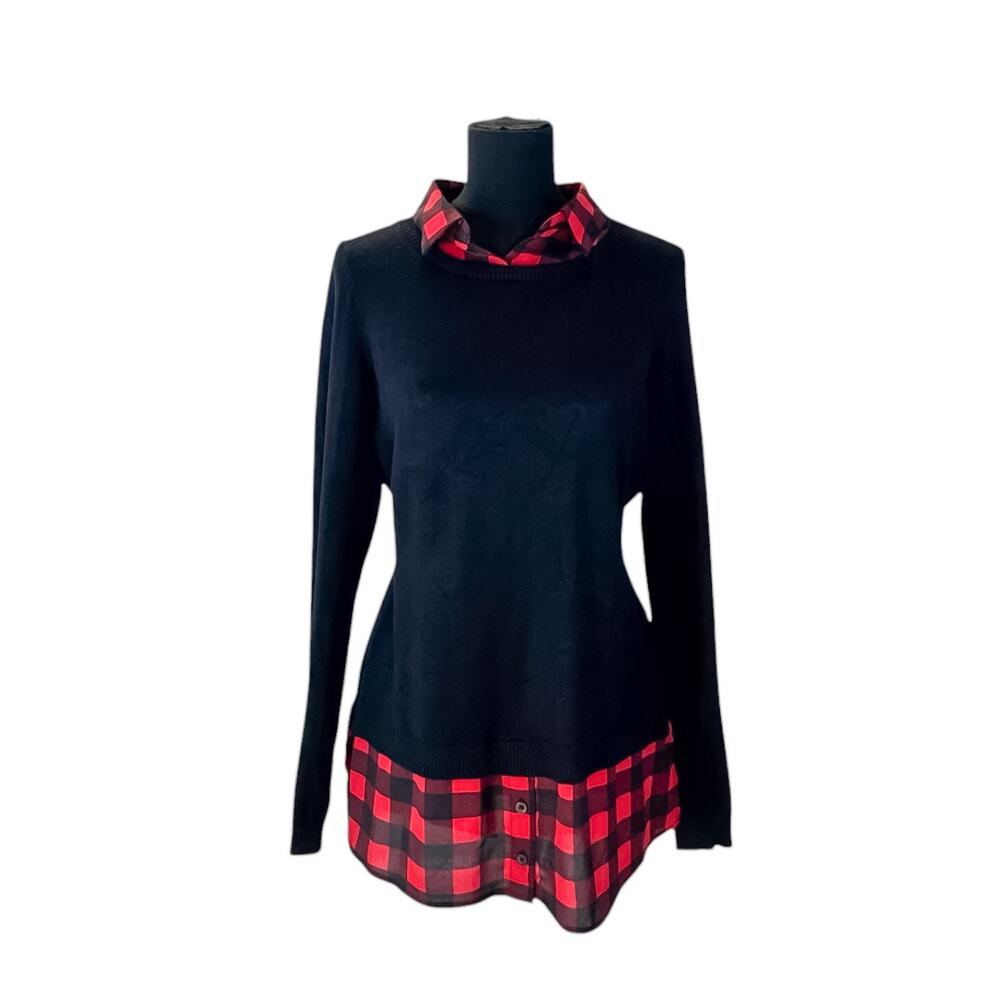 Adrianna Papell Red Black Buffalo Plaid Layered Tunic Sweater Women's M